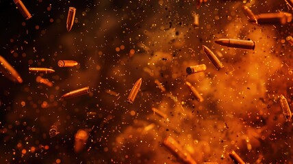 Poster - This striking image features an abstract orange and black background filled with scattered rifle shells, creating a dramatic and energetic atmosphere perfect for artistic projects.