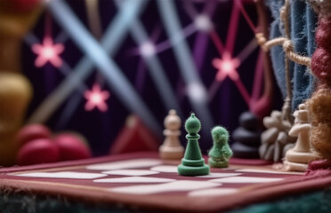 Aufkleber - A chessboard hosts figures amidst blurred lights, offering a game-like atmosphere. A vibrant scene with chess piece colors, revealing strategies and contests, captures the essence of thought and plann