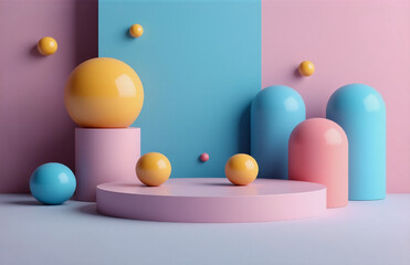 Aufkleber - Pastel-colored spheres and cylinders on platforms against a blue and pink backdrop.  A minimalist, geometric composition.