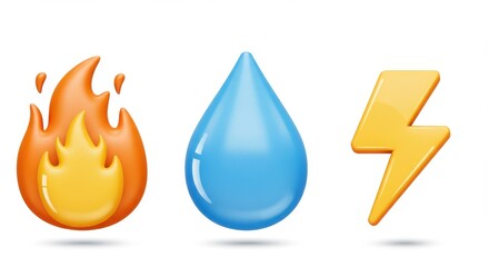 Poster - Three glossy icons of fire water and lightning on a white background in a horizontal arrangement