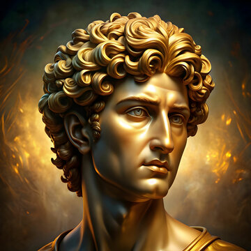 3D Render of a Gold Bust of a Man with Curly Hair,