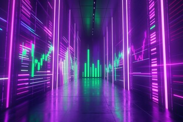Futuristic neon corridor with data visualizations