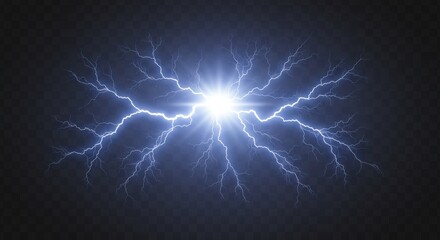 Poster - A bright flash of light with many lightning bolts radiating outwards on a dark background