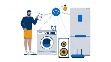 Poster - Black man managing smart household appliances using tablet doodle animation. Wi-Fi technology. IoT user with home devices animated 2D flat cartoon concept, white background. 4K video motion graphic