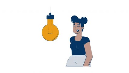 Poster - Clap to activate smart light bulb doodle animation. Gesture-based IoT control. Black woman with sound-responsive lightbulb animated 2D flat cartoon concept, white background. 4K video motion graphic