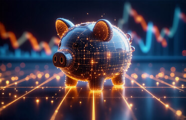 Poster - A digital piggy bank with a circuit board pattern stands against a backdrop of financial graphs, symbolizing modern finance and technological investment trends.