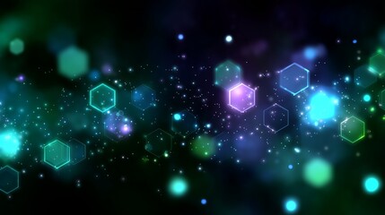 Fototapete - Bright hexagonal shapes and glowing particles create a vivid backdrop with a colorful, abstract design in motion