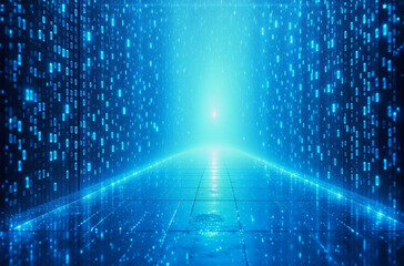 Aufkleber - a glowing blue digital tunnel with grid floor and walls of data blocks leading to a bright light at 