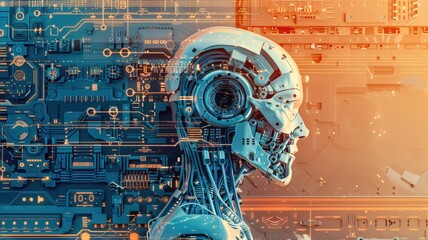 Poster - Discover a futuristic robotic design featuring a striking blue and orange gradient, showcasing advanced technology and innovative elements in a digital setting.
