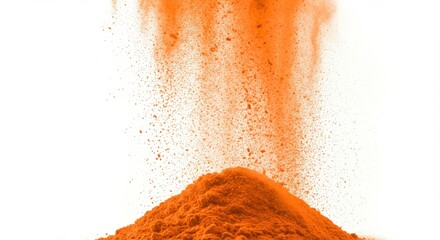 Poster - Orange powder explosion with particles falling on a pile against a white background studio shot