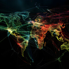 Poster - Global Network: A vibrant and intricate visualization of a global network map, showcasing interconnectedness. Illustrating the seamless flow of data and information across the globe.