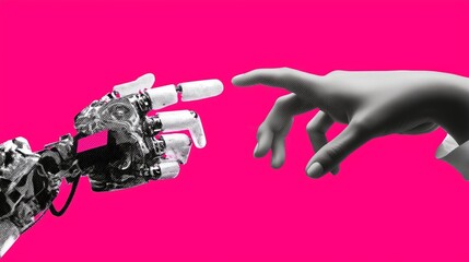 Poster - Human and robotic hands reaching for each other against a vibrant pink background illustrating the connection between technology and humanity