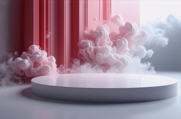 Poster - Abstract image of a minimalist, round platform or pedestal surrounded by pastel pink and white smoke against a backdrop of pink vertical lines.  The scene is soft, dreamy, and evokes a sense of sereni