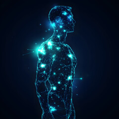 Fototapete - Glowing Human Body: Abstract representation of a human form, composed of glowing blue lines and nodes, creating a futuristic and energetic visual.