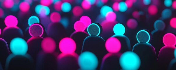 Poster - colorful crowd silhouette with glowing elements in a dark setting.