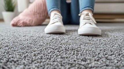 Poster - On a soft grey carpet indoors, a girl sits peacefully, lost in thought. Sunlight gently filters through the window, illuminating her casual attire and a cozy pillow nearby