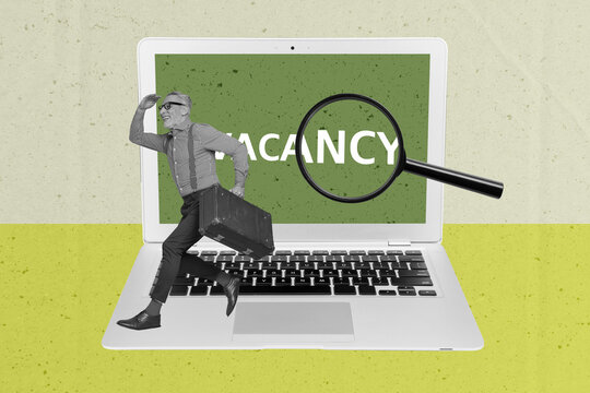Creative picture collage of person stand on gadget with vacancy text over green background
