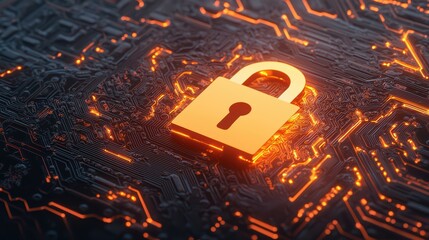 Poster - Digital Lock Concept on Circuit Board Background with Orange Glow