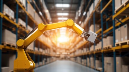 Poster - Industrial Robot Arm in Modern Warehouse with Storage Boxes