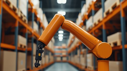 Poster - Advanced Robotic Arm in Warehouse with Organized Storage Space
