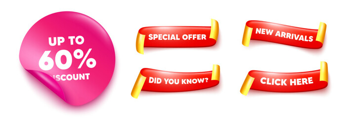 Poster - discount tag sticker, offer ribbons. new arrivals, click here. up to 60 percent discount. sale offer