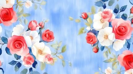Poster - Light blue floral wallpaper design with alternating red and white roses