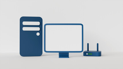 A computer with a white screen and a router on a white background, used as a template or layout for a design on the topic of technology