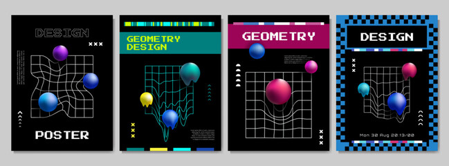 Poster - Vector illustration. Retro futuristic style background. 3d melted sphere composition on twisted grid. Design elements for social media template, web banner, blog post. 90s, 00s retro tech graphic