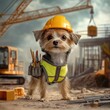 © Cahman stock - This energetic dog is dressed like a true builder, complete with a yellow safety vest, a miniature helmet, and a tool belt holding tiny tools.