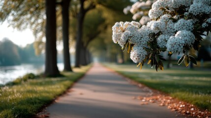 Poster - Gentle sunlight filters through vibrant blossoms as people enjoy a peaceful walk beside the river. The lush greenery and colorful flowers create a relaxing spring atmosphere