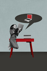 Poster - Poster visual collage of person jump use netbook table desk with book think mind cloud gadget on grey background