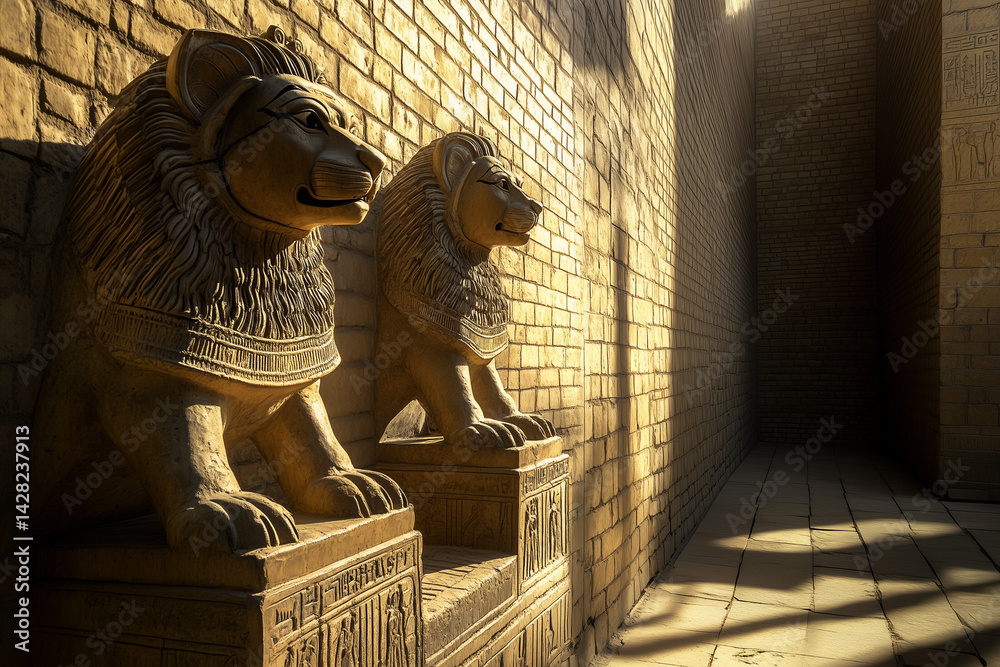 Ancient Mesopotamian Palace Stone Walls Lion Statues Stock Photo ancient-mesopotamian-palace-stone-walls-lion-statues-stock-photo
