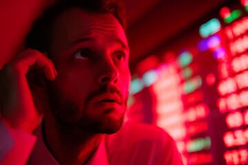 Poster - Financial analyst observing market trends in a stock exchange with red indicators during trading hours