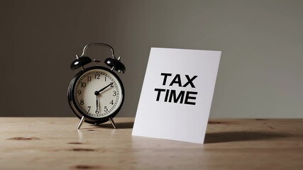 Aufkleber - Six identical compositions feature a vintage alarm clock and a card displaying tax time placed on a light wooden desk against a muted gray backdrop, emphasizing the approaching tax deadline