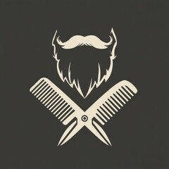 Poster - Stylized Beard Logo Featuring Crossed Scissors and Comb on a Flat Dark Background for a Barbershop or Grooming Brand