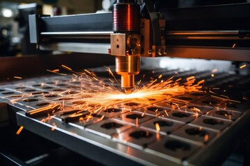Aufkleber - Industrial laser cutter creating sparks while cutting metal sheet