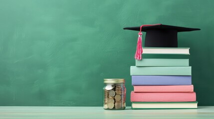 Poster - Graduation Cap on Stack of Colorful Books Next to Jar of Coins Symbolizing Education Investment