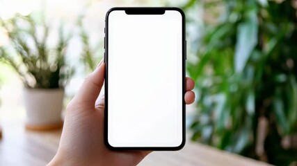 Aufkleber - Woman hand holding smartphone with blank white screen mockup for design, app presentation, advertising, social media, blog, website and more on blurred plants background