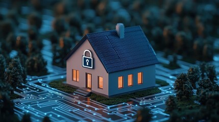 Poster - Smart Home Security Concept with House and Lock Symbol on Circuit Board Background at Night