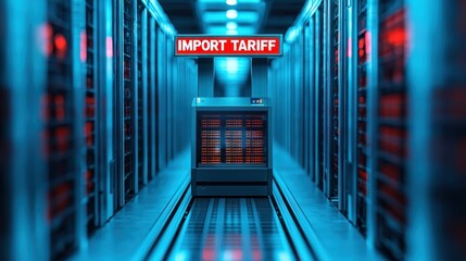 Poster - Digital Server Room with Red LED Lights and Import Tariff Sign in a Futuristic Technology Environment