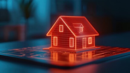 Poster - Innovative Digital Model of a House with Neon Wireframe Display on a Smart Device in a Modern Interior Setting
