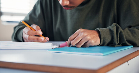 Aufkleber - Student, hands and cheating with note in test for exam information, math solution or knowledge fraud. School, boy or assessment plagiarism in classroom with answer corruption, liar or education crime