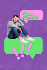 Poster - Poster pop collage of man sit speech bubble with exclamation question marks on purple background
