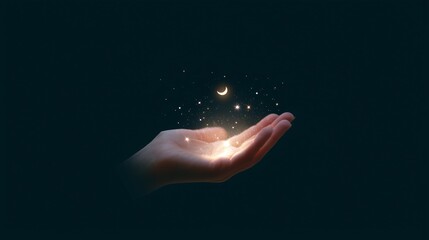 Poster - Hand holding glowing light with stars and crescent moon against dark background at night