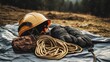 © Artittaya - Safety helmet lying on tarp with ropes and heavy-duty gloves nearby