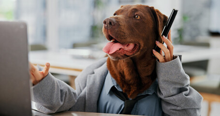 Aufkleber - Laptop, phone call and problem solving with business dog in office for administration, conversation or research. Communication, computer and humor with labrador employee in workplace for management