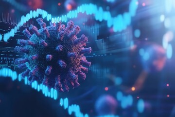 Poster - Visual representation of a virus with digital elements showcasing data analysis and research