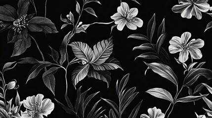 Poster - elegant monochrome floral pattern seamless design botanical black white flowers leaves nature vintag