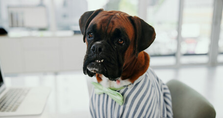 Aufkleber - Email, laptop and information with business dog in office for administration, online report or research comic. Computer, humor and reading with boxer employee in professional workplace for management