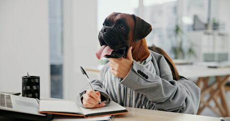 Aufkleber - Office, thinking and writing with business dog with schedule for administration, online report or research. Ideas, laptop or humor with boxer employee in professional workplace for project management